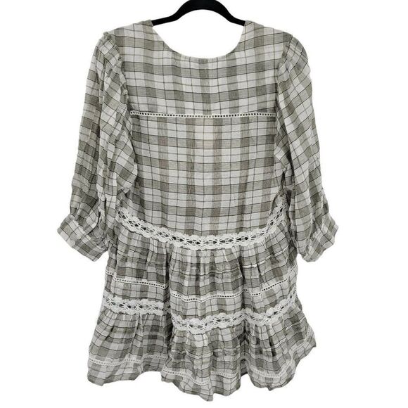 Free People Top Tunic Tiered Ruffle Lace Puff Sleeve Oversized Plaid Gray Sz XS - Picture 5 of 15